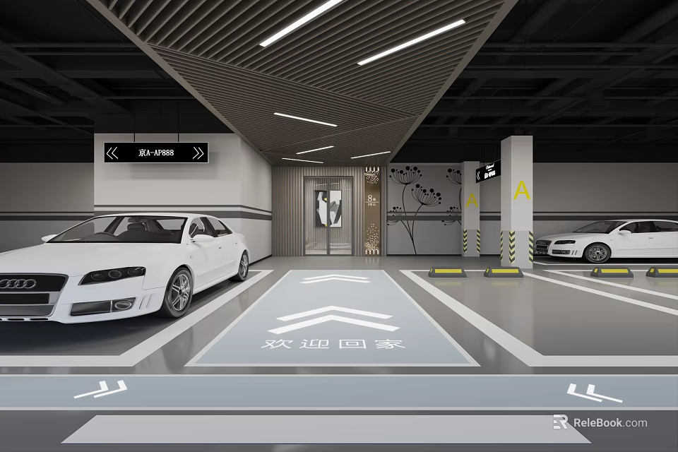 Modern Parking Lot Design With White Cars Directional Signage Welcome Message On Floor And Lighting 3d model 
