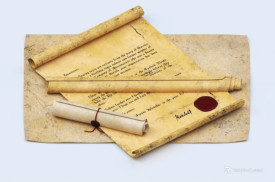 Ancient Parchment Scrolls With Wax Seal And Historical Handwritten Text 3d model 