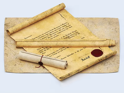Ancient Parchment Scrolls With Wax Seal And Historical Handwritten Text 3d model