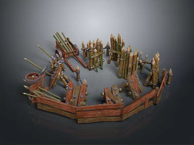 Wooden Medieval Defensive Fortification Components With Fences Spikes And Logs 3d model