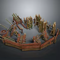 Wooden Medieval Defensive Fortification Components With Fences Spikes And Logs