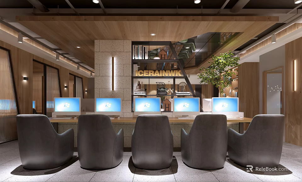 Stylish Modern Internet Cafe Interior With Multiple Computers Comfortable Seats And Wooden Decor 3d model 