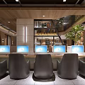 Stylish Modern Internet Cafe Interior With Multiple Computers Comfortable Seats And Wooden Decor 3d model