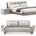 Double Bed With Upholstered Headboard Plush Pillows Cozy Gray Throw Blanket And Minimalist Nightstand