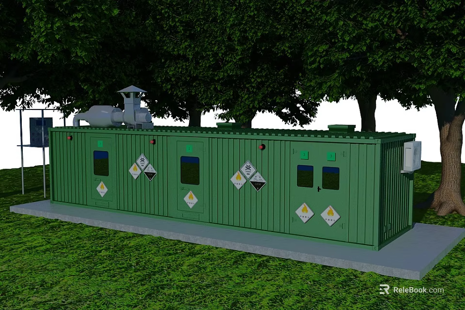 Green Industrial Equipment Modular Units With Warning Signs In Outdoor Setting 3d model 