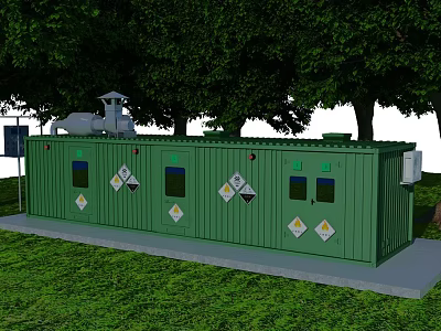 Green Industrial Equipment Modular Units With Warning Signs In Outdoor Setting 3d model