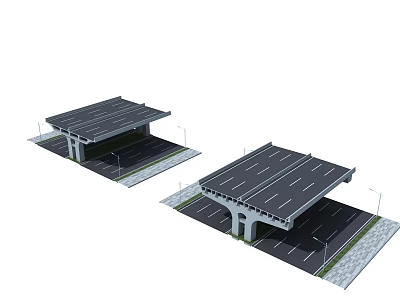 Modern Highway Bridge Structure With Asphalt Lanes Street Lights And Support Columns 3d model