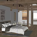 Traditional Hotel Room With Wooden Beams Bed White Linens Decorative Painting And Area Rug