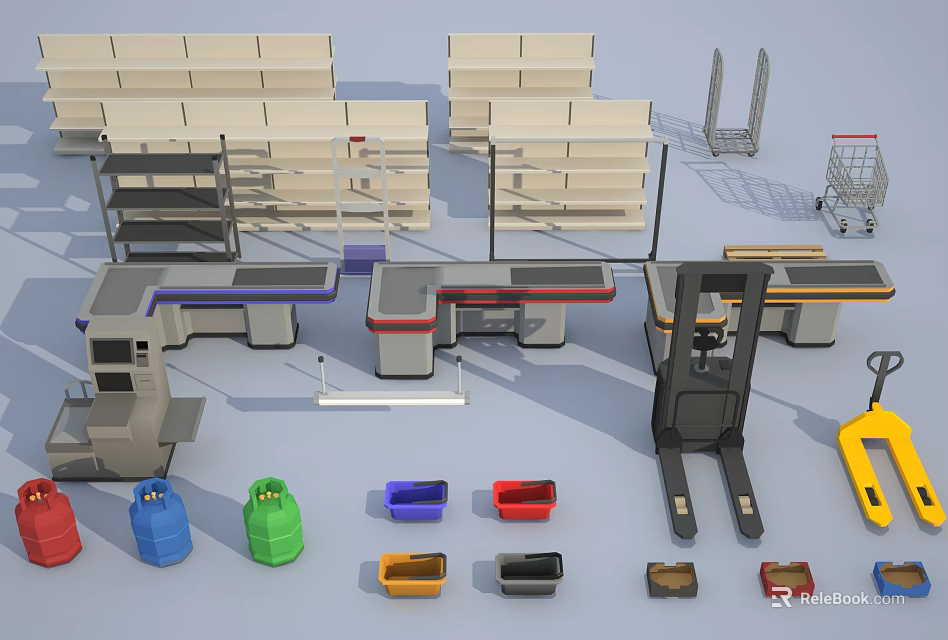 Decorative Ornament Set With Modern Shelves Colorful Containers Shopping Cart And Forklift 3d model 