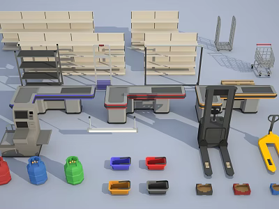 Decorative Ornament Set With Modern Shelves Colorful Containers Shopping Cart And Forklift 3d model