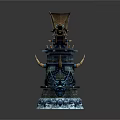 Mechanical Tower Decorative Structure With Blue Gold Accents Gears Chains And Crescent Top Icy Base