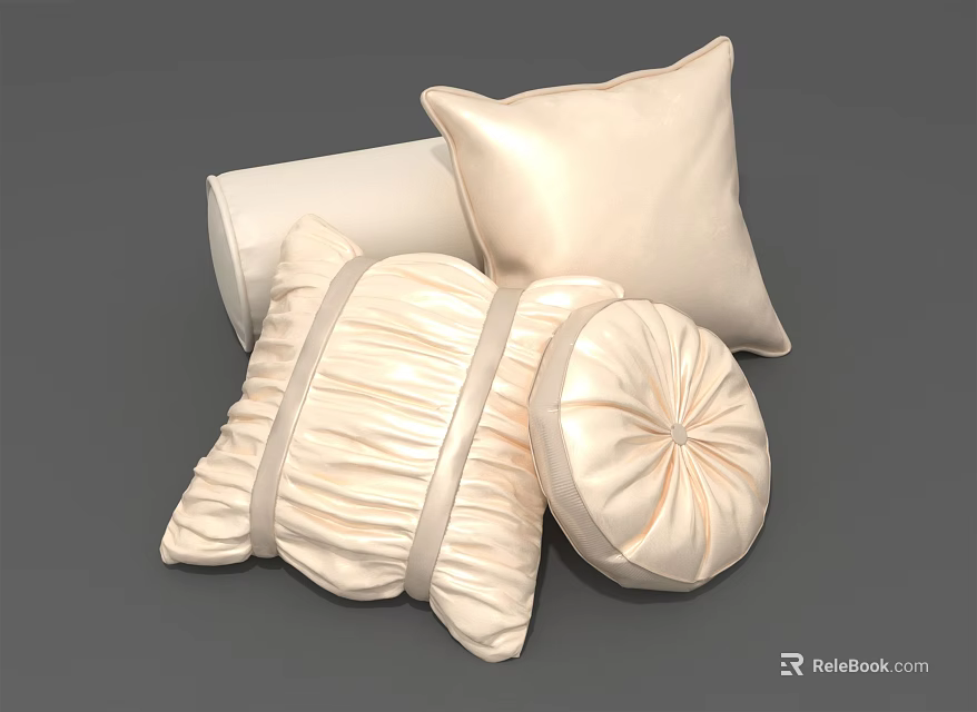Beige Decorative Pillows With Pleated Design Round And Square Styles For Home Decoration 3d model 