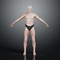 3D Male Character Standing with Outstretched Arms in Black Briefs Against Gray Black Gradient Background
