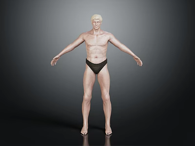 3D Male Character Standing with Outstretched Arms in Black Briefs Against Gray Black Gradient Background 3d model