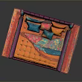 Plush Purple Headboard Bed With Orange Mattress Colorful Pillows And Red Orange Rug
