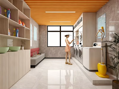 Modern Cloakroom Interior With Wooden Ceiling Washing Machines Sinks And Shelves 3d model