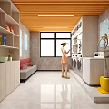Modern Cloakroom Interior With Wooden Ceiling Washing Machines Sinks And Shelves