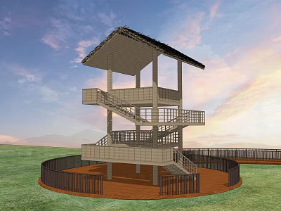 Multi Level Outdoor Pergola With Spiral Staircase And Lawn Fence In Sunset Sky 3d model