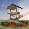 Multi Level Outdoor Pergola With Spiral Staircase And Lawn Fence In Sunset Sky