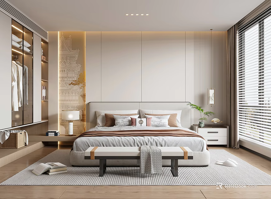 Modern Bedroom Interior Design With Bed Nightstand Accent Wall And Window Blinds 3d model