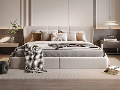 Modern Double Bed With Upholstered Headboard Plush Pillows Cozy Blanket And Bedside Tables With Plants 3d model
