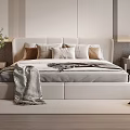 Modern Double Bed With Upholstered Headboard Plush Pillows Cozy Blanket And Bedside Tables With Plants