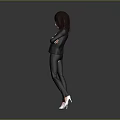 3D Model Woman Brown Hair Black Suit Standing Arms Crossed White Top Gray Background
