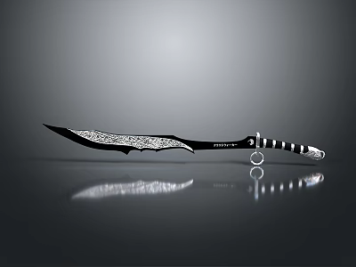 Detailed Decorative Weapon Knife With Intricate Patterned Blade And Black White Striped Handle 3d model