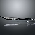 Detailed Decorative Weapon Knife With Intricate Patterned Blade And Black White Striped Handle