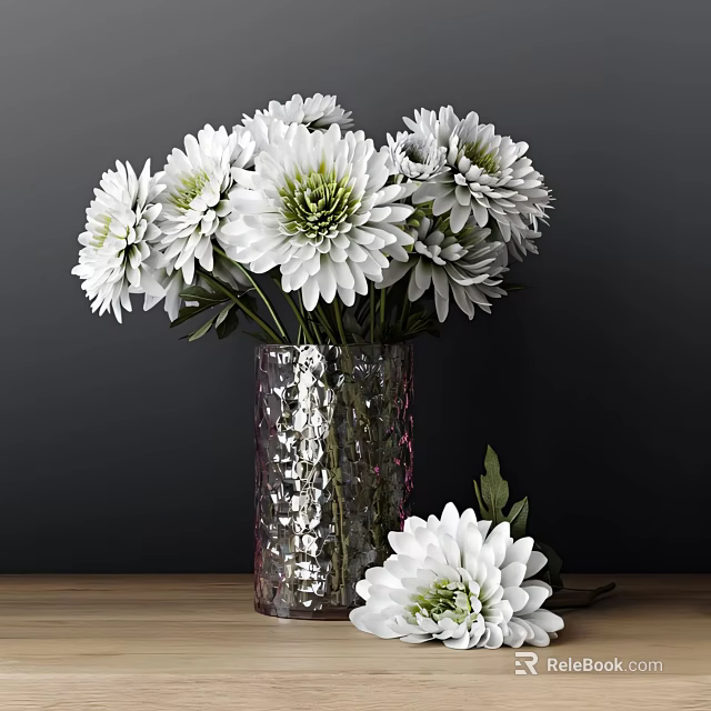 Decorative Ornament Set With White Chrysanthemums In Silver Vase On Wooden Tabletop 3d model 