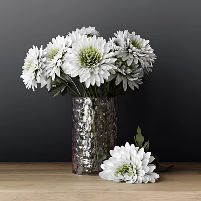 Decorative Ornament Set With White Chrysanthemums In Silver Vase On Wooden Tabletop 3d model