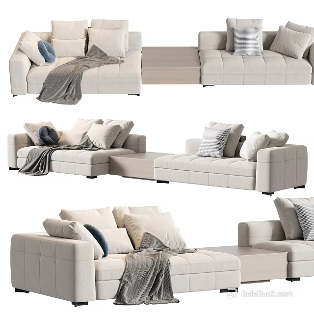 Modern Beige Sectional Sofa With Soft Pillows And Cozy Throw Blanket 3d model