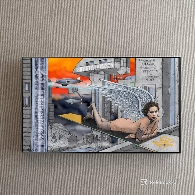 Futuristic Female Figure Painting with Orange Sky Flying Vehicles and Futuristic City Buildings 3d model 