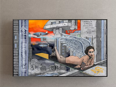 Futuristic Female Figure Painting with Orange Sky Flying Vehicles and Futuristic City Buildings 3d model