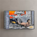 Futuristic Female Figure Painting with Orange Sky Flying Vehicles and Futuristic City Buildings
