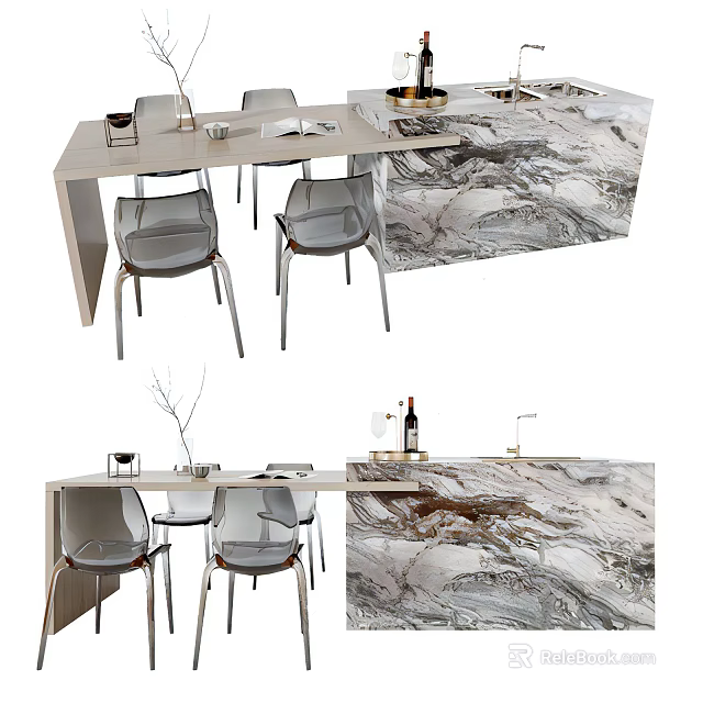 Modern Dining Table Set With Marble Counter Transparent Chairs And Decorative Items 3d model