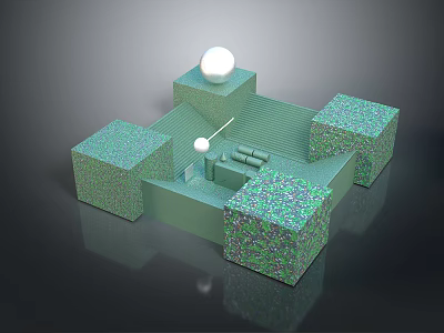 Green Textured Landscape With Cubic Blocks Platform Structure And White Spherical Elements 3d model