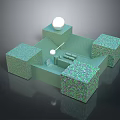 Green Textured Landscape With Cubic Blocks Platform Structure And White Spherical Elements 3d model