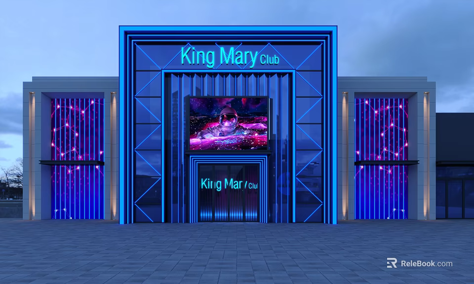 King Mary Club Storefront With Blue Neon Lights Purple Decorations And Large Screen 3d model 
