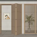 Modern Folding Doors With Wooden Lattice Design In Interior Featuring Wall Art And Plant