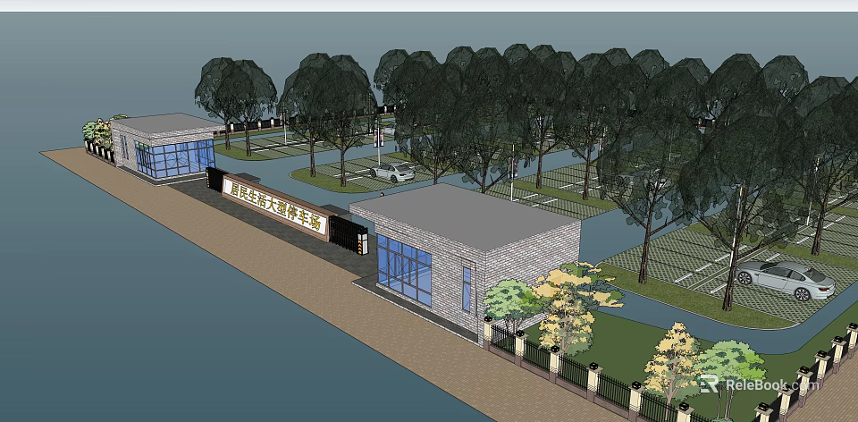 Modern Parking Lot Design With Entrance Building And Green Landscaping Trees 3d model 
