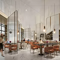 Modern Restaurant Interior With Open Layout Orange Chairs Pendant Lights And Marble Flooring