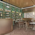 Elegant Modern Restaurant Interior With Pendant Lights Green Plant Wall Round Marble Tables And Patterned Tiles
