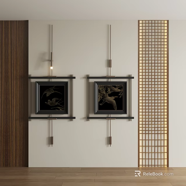 Two Abstract Paintings in Black Frames Hanging on Wall with Wooden Accents and Grid Design 3d model 