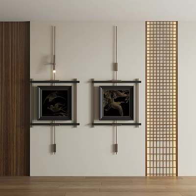 Two Abstract Paintings in Black Frames Hanging on Wall with Wooden Accents and Grid Design 3d model
