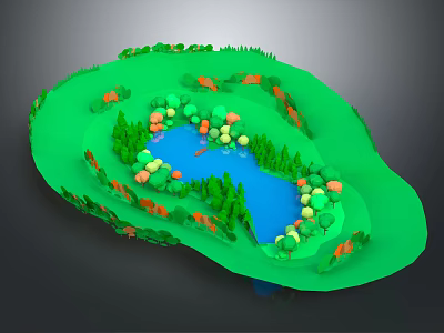 Vibrant Cartoon Scene With Rolling Green Landscape Blue Lake And Colorful Trees 3d model