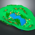 Vibrant Cartoon Scene With Rolling Green Landscape Blue Lake And Colorful Trees