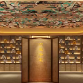 Sacred Worship Hall With Colorful Mural Ceiling Buddha Statues And Religious Items On Shelves