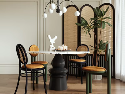 Dining Table Set With Round Marble Top Woven Back Chairs Orange Cushions And Rattan Screen 3d model