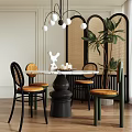 Dining Table Set With Round Marble Top Woven Back Chairs Orange Cushions And Rattan Screen